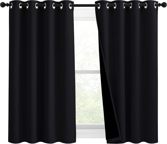 NICETOWN Complete 100% Blackout Curtain Set, Thermal Insulated & Energy Efficiency Window Draperies with Black Liner, Noise Reducing Short Curtains for Kids Room (Black, 46"W by 54"L, Double Panels)
