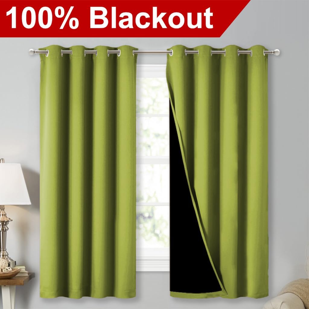 NICETOWN 100% Blackout Curtains 54 inches Long, Fresh Green, 1 Pair, 52 inches Width Each Panel, Double-Deck Completely Blackout Window Treatment Thermal Insulated Lined Drapes for Small Window