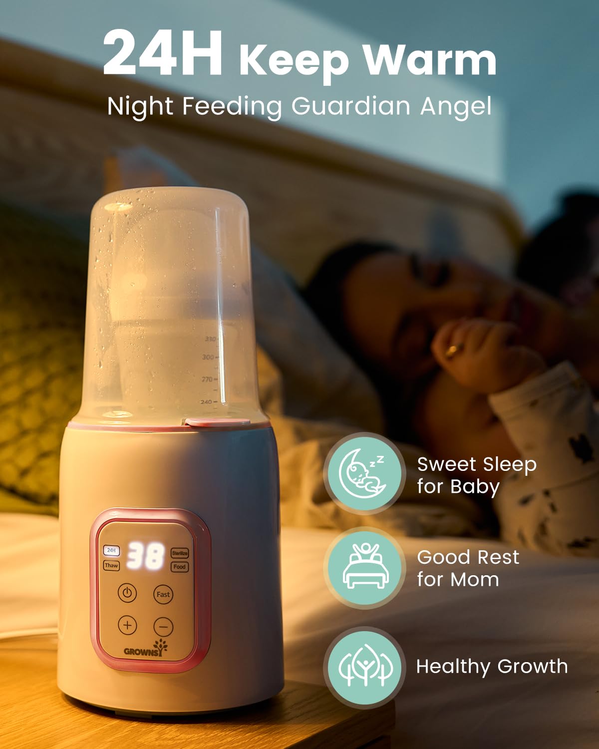 GROWNSY Bottle Warmer, Fast Baby Bottle Warmer for All Bottles, Milk Warmer for Breastmilk or Formula, Smart Temperature Control and Automatic Shut-Off- Pink