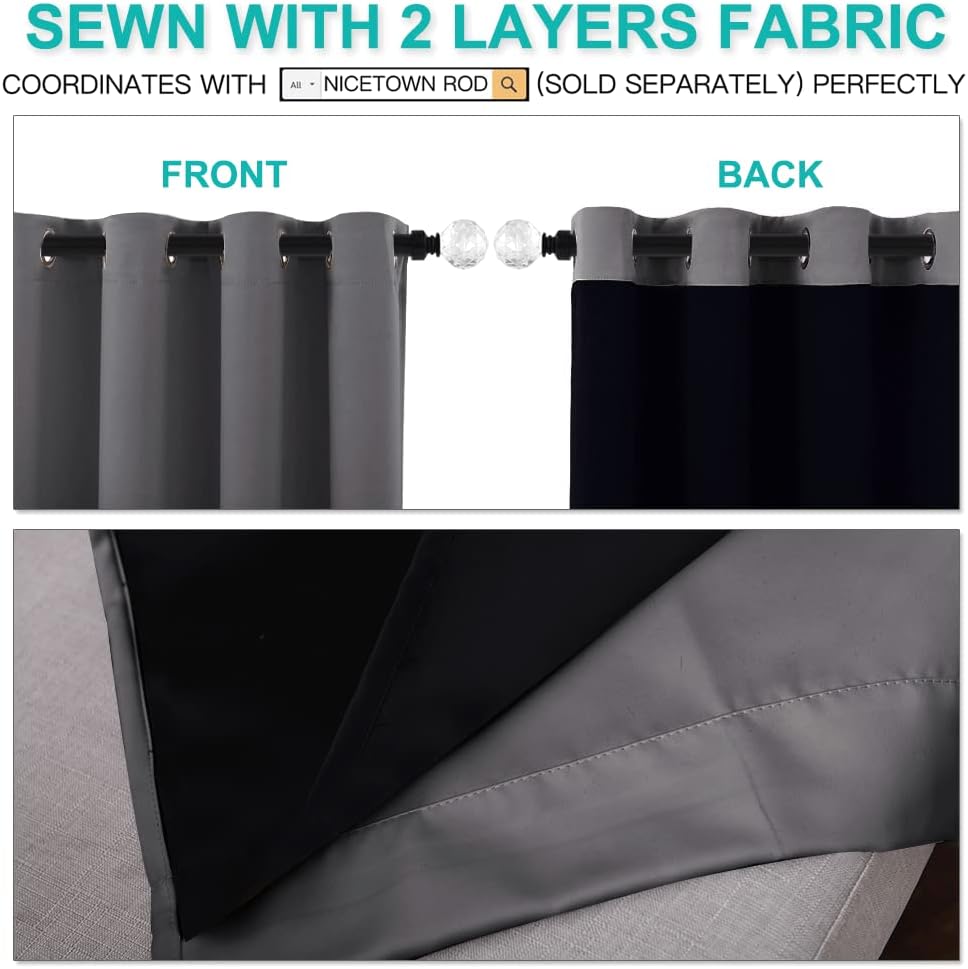 NICETOWN 100% Blackout Curtains with Black Liners, Thermal Insulated Full Blackout 2-Layer Lined Drapes, Energy Efficiency Window Draperies for Bedroom (2 Panels, 42 inches W by 63 inches L, Grey)