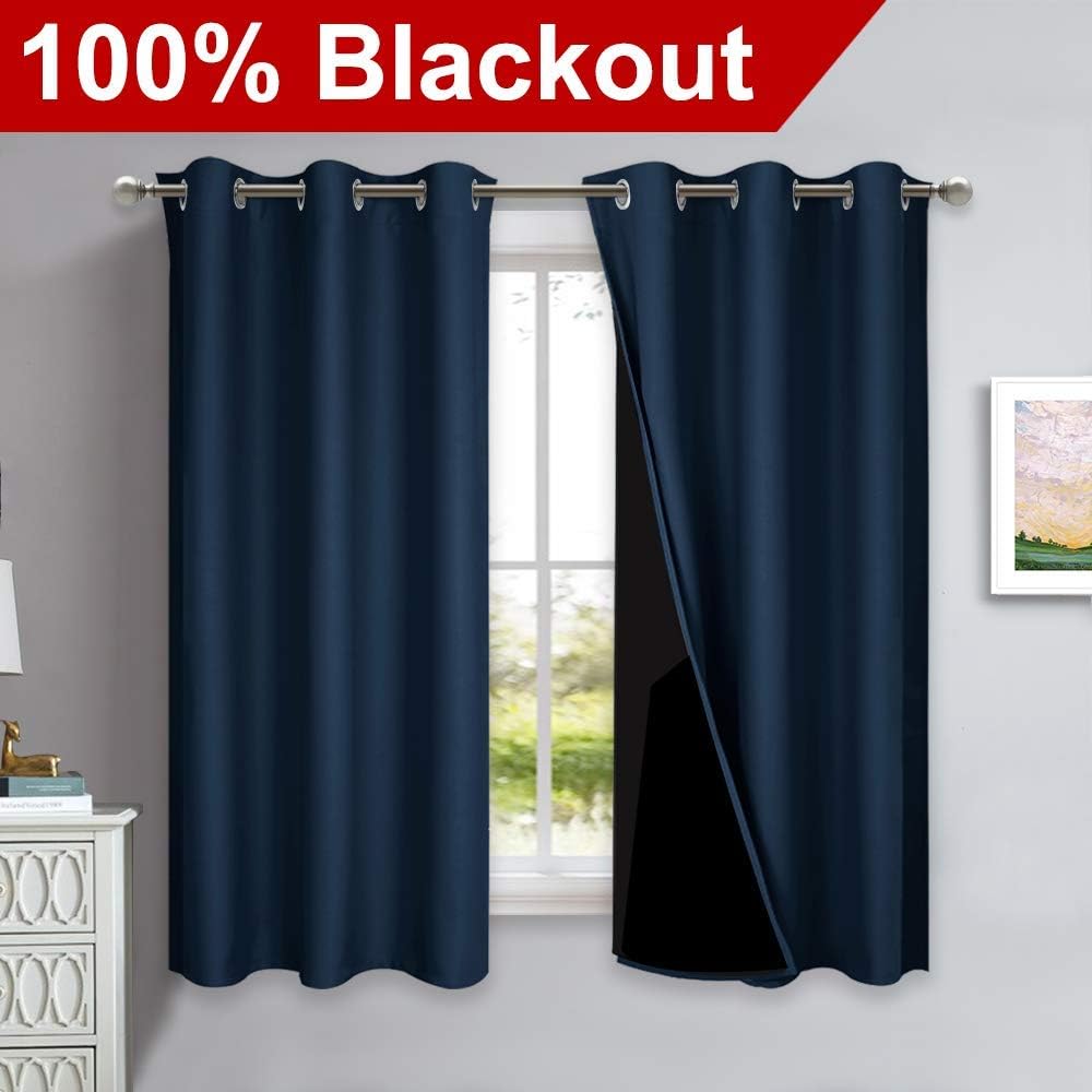 NICETOWN 100% Blackout Curtain Panels, Thermal Insulated Black Liner Curtains for Nursery Room, Noise Reducing and Cold Blocking Drapes for Windows (Set of 2, Navy Blue, 42" Wide by 63" Long)