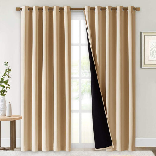 NICETOWN Living Room Completely Shaded Draperies, Privacy Protection & Noise Reducing Ring Top Drapes, Black Lined Insulated Window Treatment Curtain Panels(Biscotti Beige, 2 Pieces, W70 x L84)