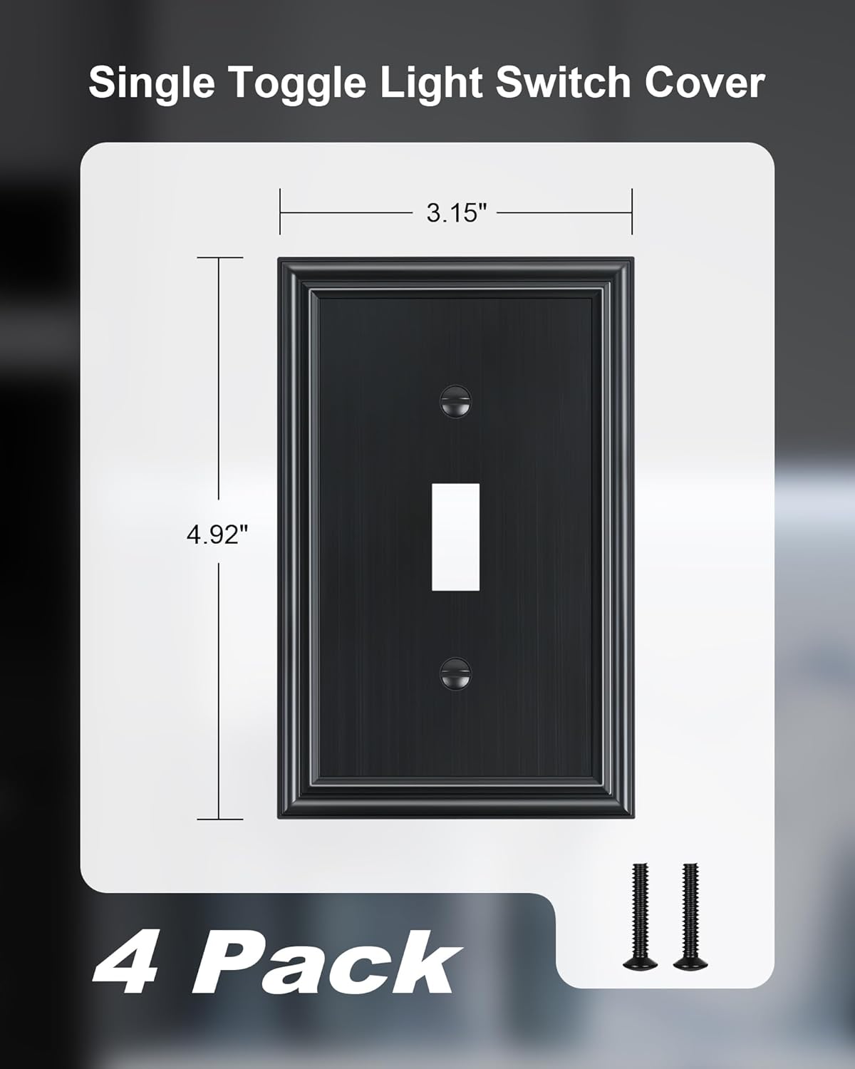 4-Pack Single Toggle Light Switch Cover Plate, Durable Solid Zinc Alloy Decorative Switch Plate Covers, Black 1 Gang Wall Plate, Corrosion Resistant