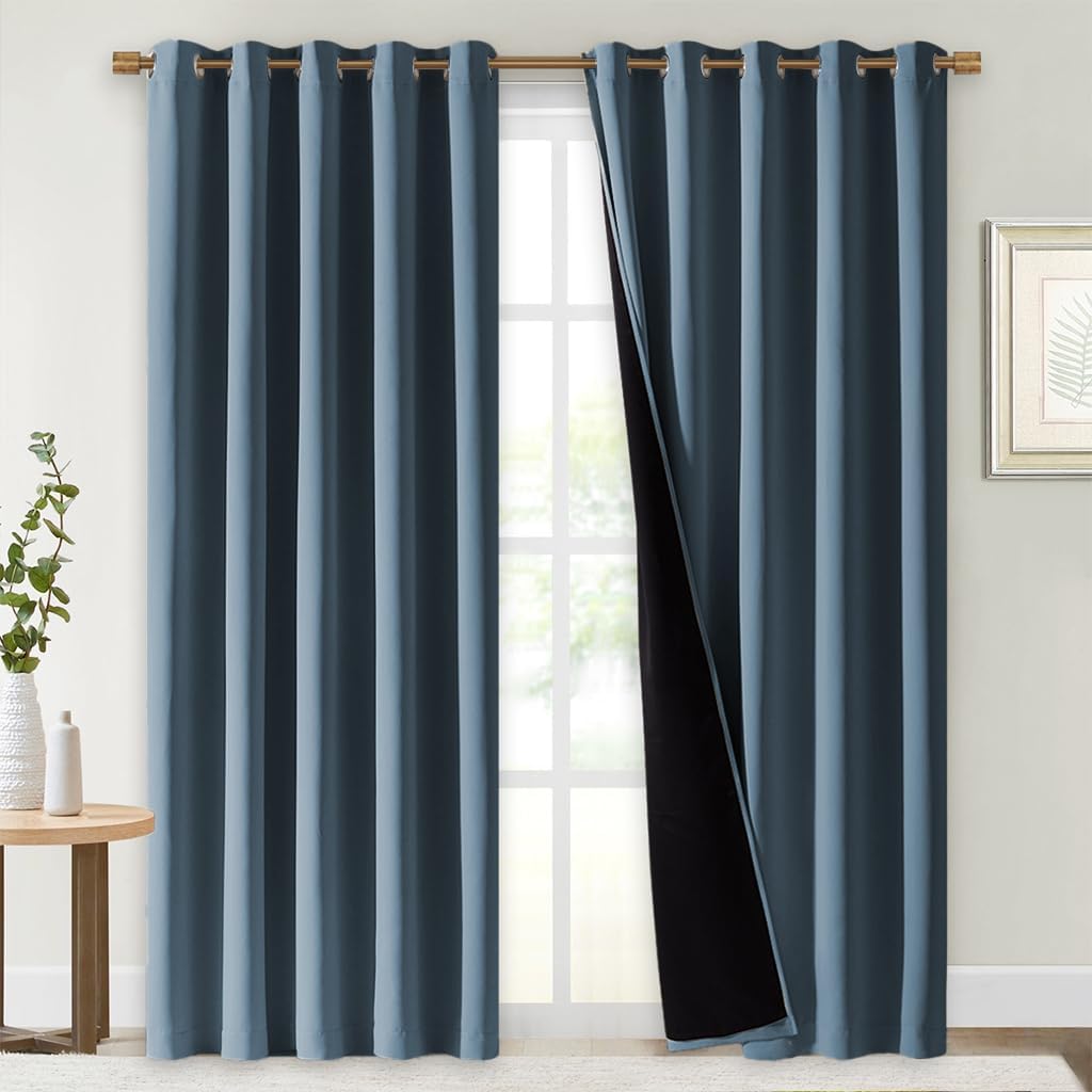 NICETOWN 100% Blackout Window Curtain Panels, Smoky Blue, 2 PCs, 62" Wide Each Panel, Cold and Full Light Blocking Drapes with Black Liner for Nursery, 84" Drop Thermal Insulated Draperies