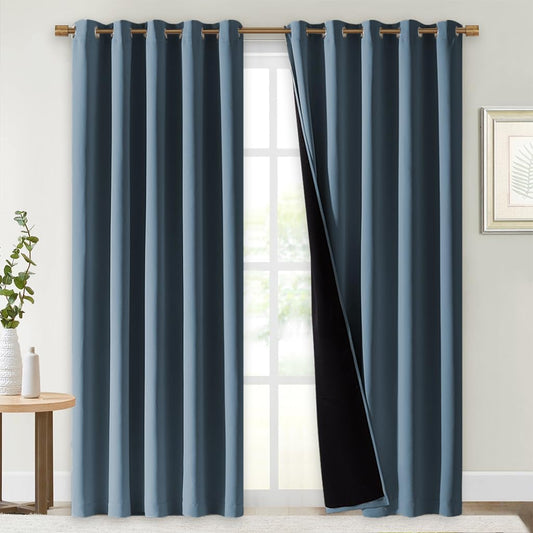 NICETOWN 100% Blackout Window Curtain Panels, Smoky Blue, 2 PCs, 62" Wide Each Panel, Cold and Full Light Blocking Drapes with Black Liner for Nursery, 84" Drop Thermal Insulated Draperies