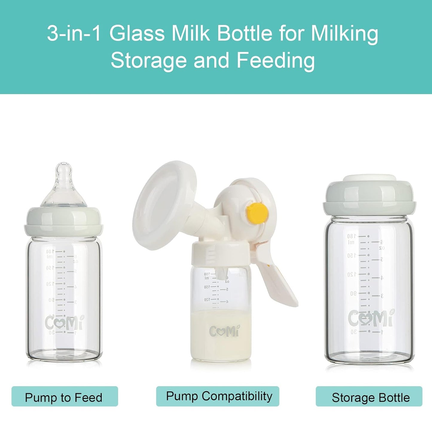 COMI Wide Neck Glass Breastmilk Collection n Storage Bottle, 6oz with Screw Ring Sealing Disk; Re-markable Sealing Disc. BPA Free, Fits Breast Pumps & Nipples (2 Pack Gray Lids)