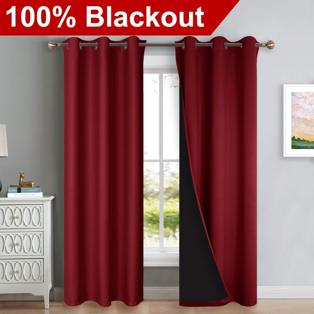 NICETOWN 100% Blackout Curtains with Black Liner Backing, Thermal Insulated Curtains for Living Room, Home Decoration, Burgundy Red, 42 inches Wide x 84 inches Long Per Panel, Set of 2 Panels