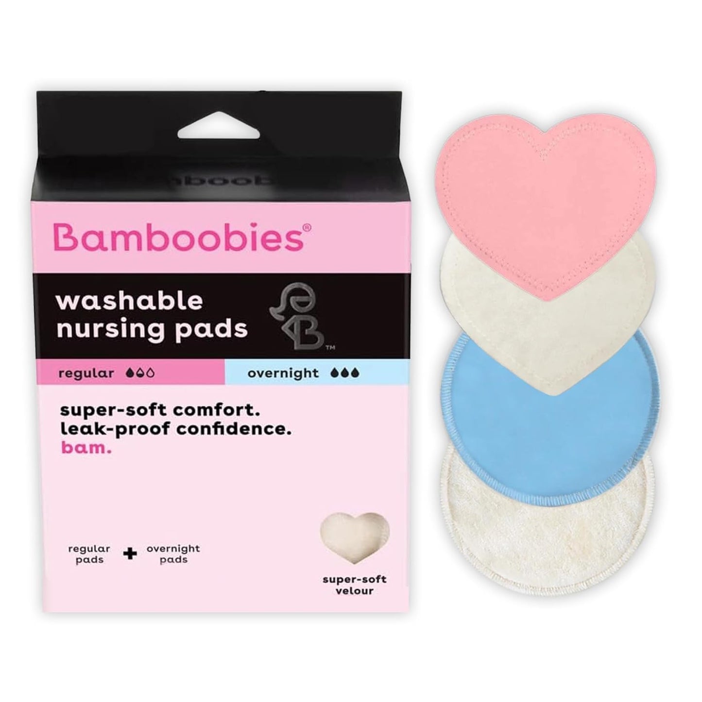 Bamboobies Ultra-Soft Velour Nursing Pads – Reusable, Washable & Leak-Proof – 2 Ultra-Thin and 2 Overnight Pads for Breastfeeding