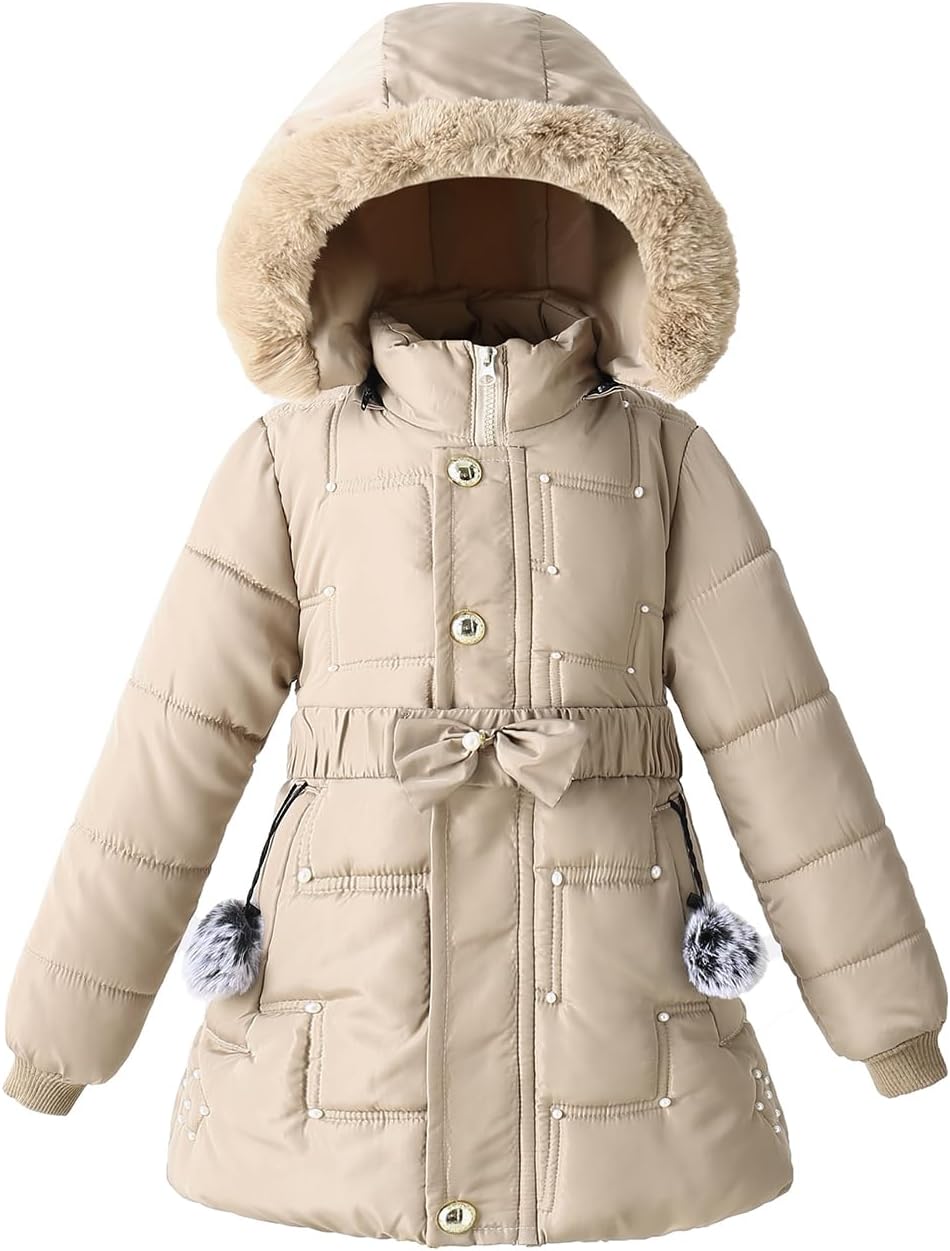 Girls Winter Dress Coats Faux Fur Hooded Fleece Jackets Waterproof Parka Outwear