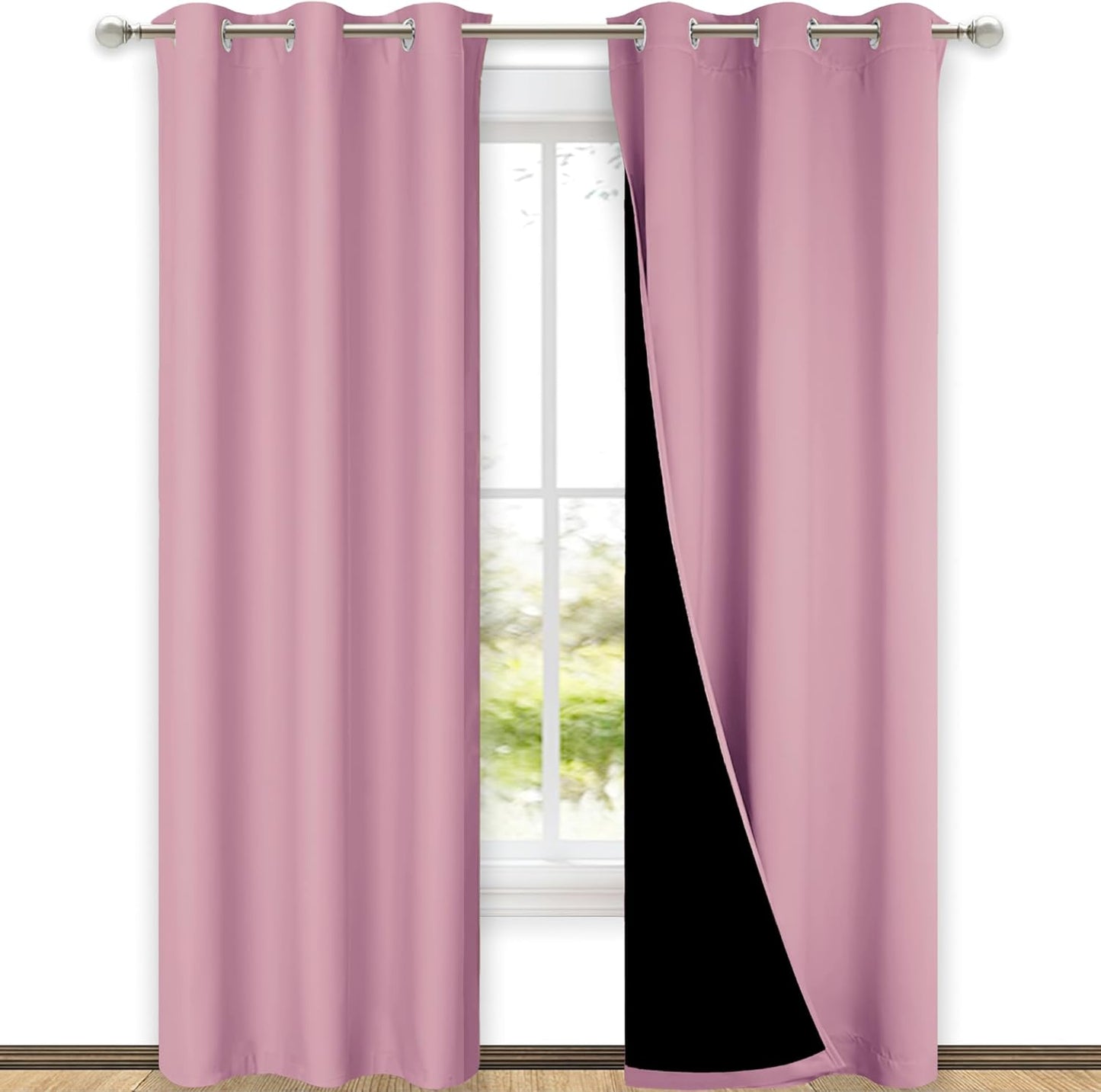 NICETOWN Crystal Pink Full Shade Curtain Panels, Pair of Thermal Insulated & Energy Efficiency Blackout Curtains for Living Room Windows, Lined Silky Performance Window Dressing (42" Wide x 84" Long)