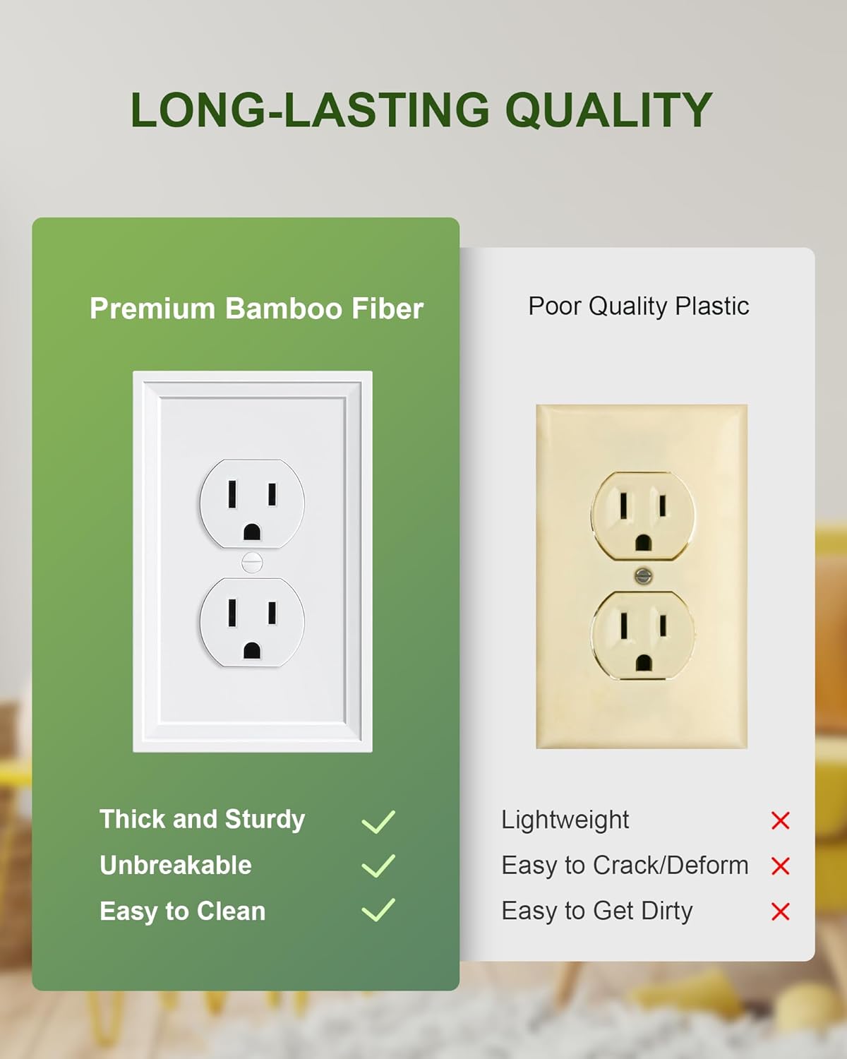 4-Pack Duplex Outlet Cover, Natural Bamboo Fiber Switch Plates and Outlet Covers, White Decorative Wall Plates for Electrical Outlets, 1 Gang Receptacle Cover, Corrosion Resistant