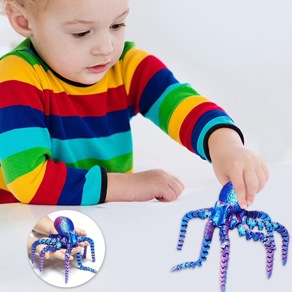 3D Printed Octopus Animals Toy Articulated Octopus Fidget Toy 3D Printed Gift Creative Ornament Articulated Octopus Toys Home Decor (Laser Red Blue)