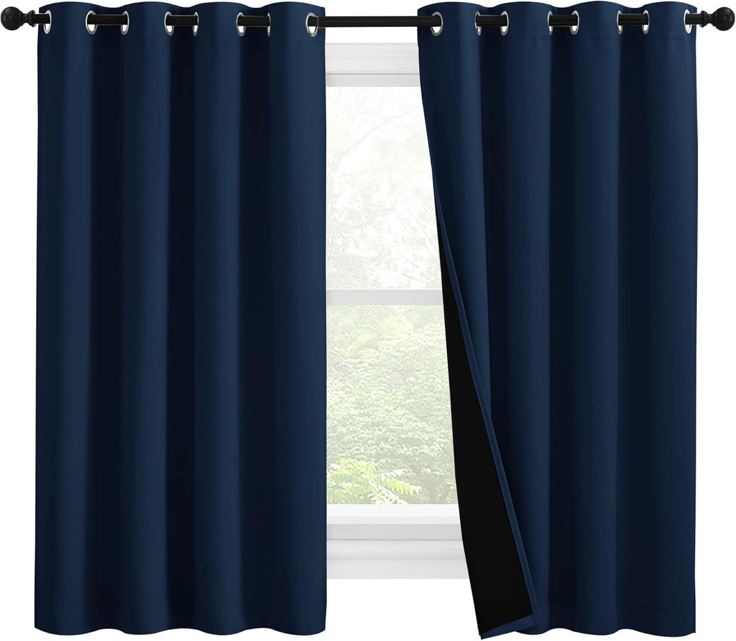 NICETOWN 100% Blackout Curtains with Black Liners, Thermal Insulated 2-Layer Lined Drapes, Energy Efficiency Small Window Draperies for Dining Room (Navy Blue, 2 Panels, 55 inches W by 57 inches L)
