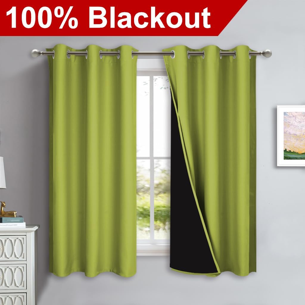 NICETOWN 100% Blackout Short Curtains with Black Liners, 2 Panels, 37" W by 50" L, Fresh Green, Solid Thermal Insulated Full Blackout 2-Layer Lined Drapes, Energy Efficiency Window Drapes for Bedroom