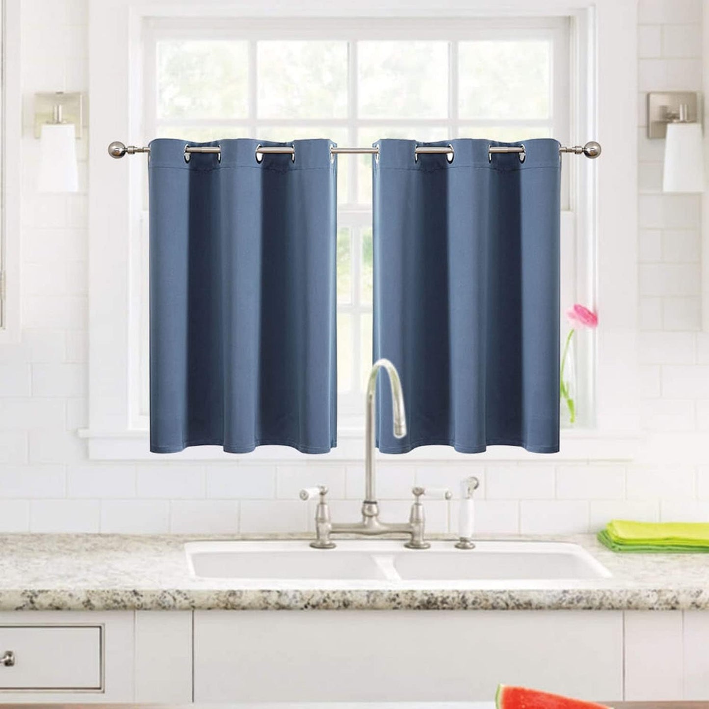ChrisDowa Small Window Curtains for Kitchen and Bedroom - Grommet Short Thermal Insulated Room Darkening Curtains (2 Panels, Stone Blue, 34 x 36 Inch)