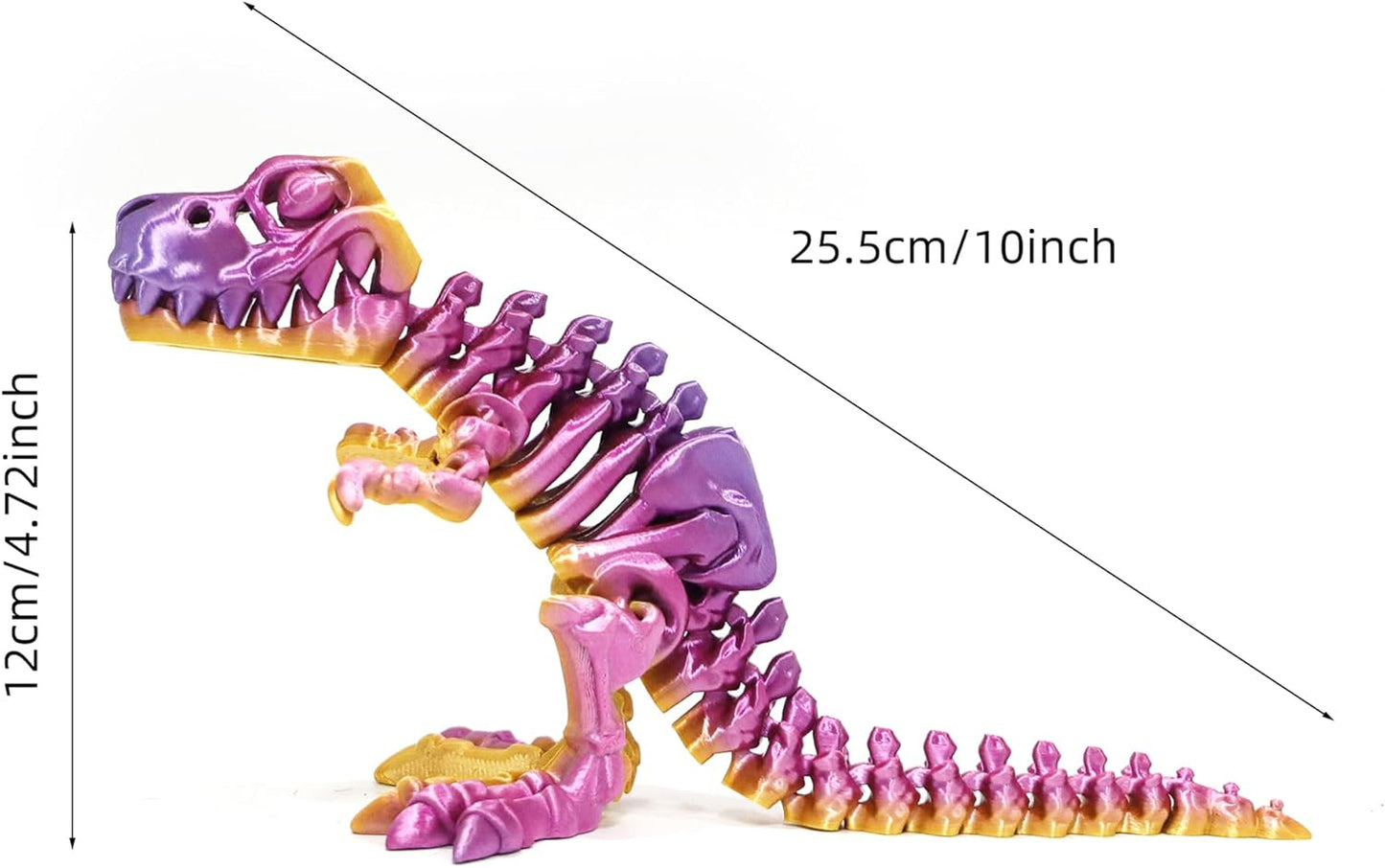 Flavery 3D Printed Dinosaur with Bones - 10 inch 3D Printed Dragon Fidget Toys, Flexible T-Rex Skeleton with Bones, Birthday Gift, Desk Executive Toy- (Rainbow)