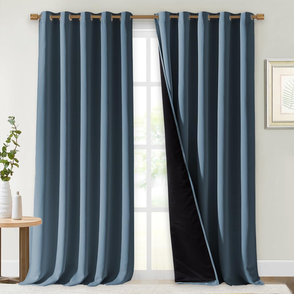 NICETOWN Full Shading Curtains for Windows, Smoky Blue, Pack of 2, 62 inches W x 95 inches L, Super Heavy-Duty Black Lined Blackout Curtains for Bedroom, Privacy Assured Window Treatment