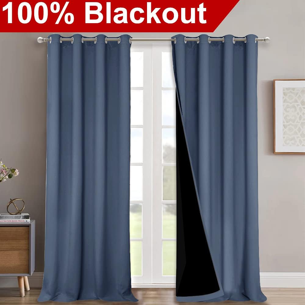 NICETOWN 100% Blackout Curtains for Windows, Pack of 2, Stone Blue, 52" W x 120" L, Super Heavy-Duty Black Lined Total Darkness Drapes for Bedroom, Privacy Assured Window Treatment for Patio
