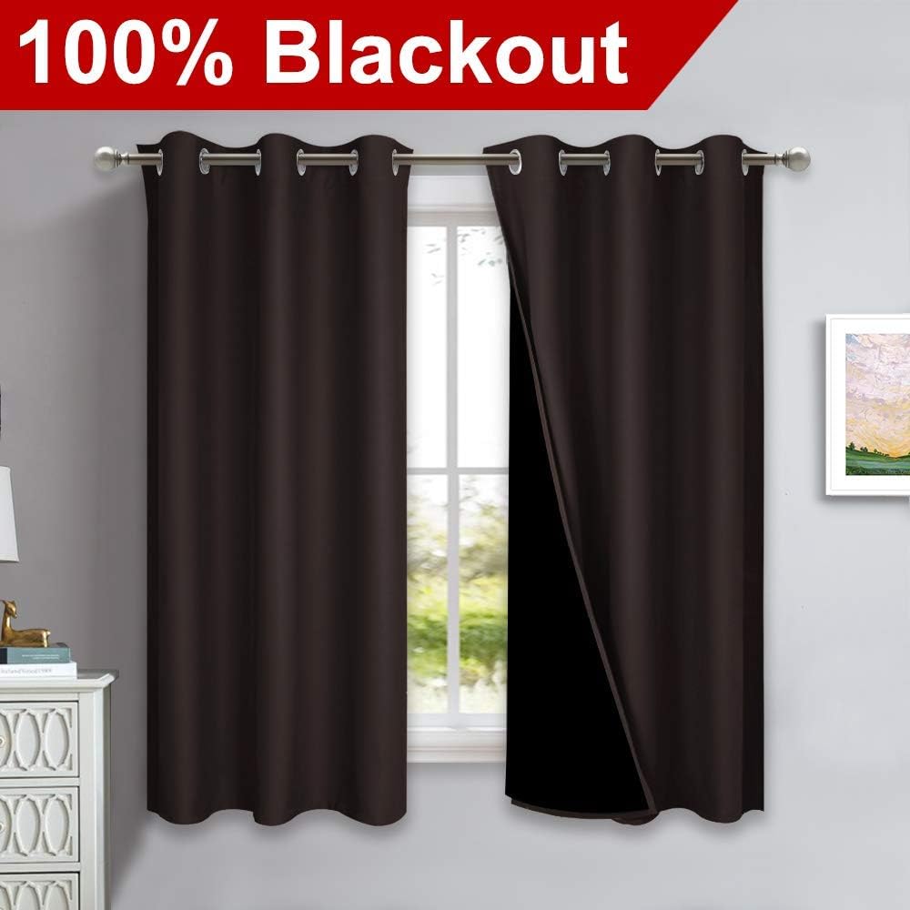 NICETOWN 100% Blackout Curtains 54 inches Long, Brown, 1 Pair, 42 inches Width Each Panel, Double-Deck Completely Blackout Window Treatment Thermal Insulated Lined Drapes for Small Window
