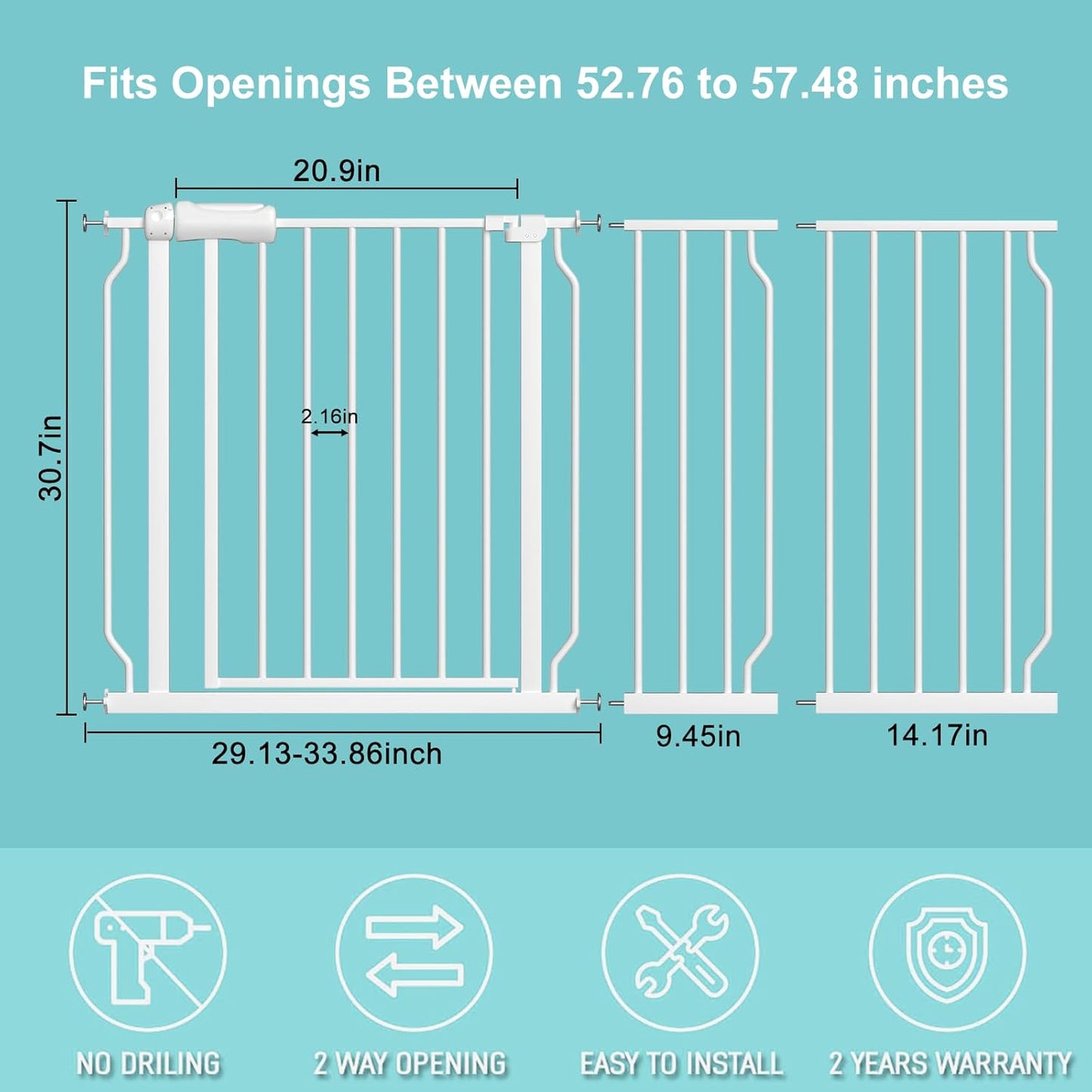 WAOWAO Baby Gate 52.76-57.45" Extra Wide Pressure Mounted Walk Through Swing Auto Close Safety White Metal Toddler Kids Child Dog Pet Puppy for Stairs,Doorways,Kitchen