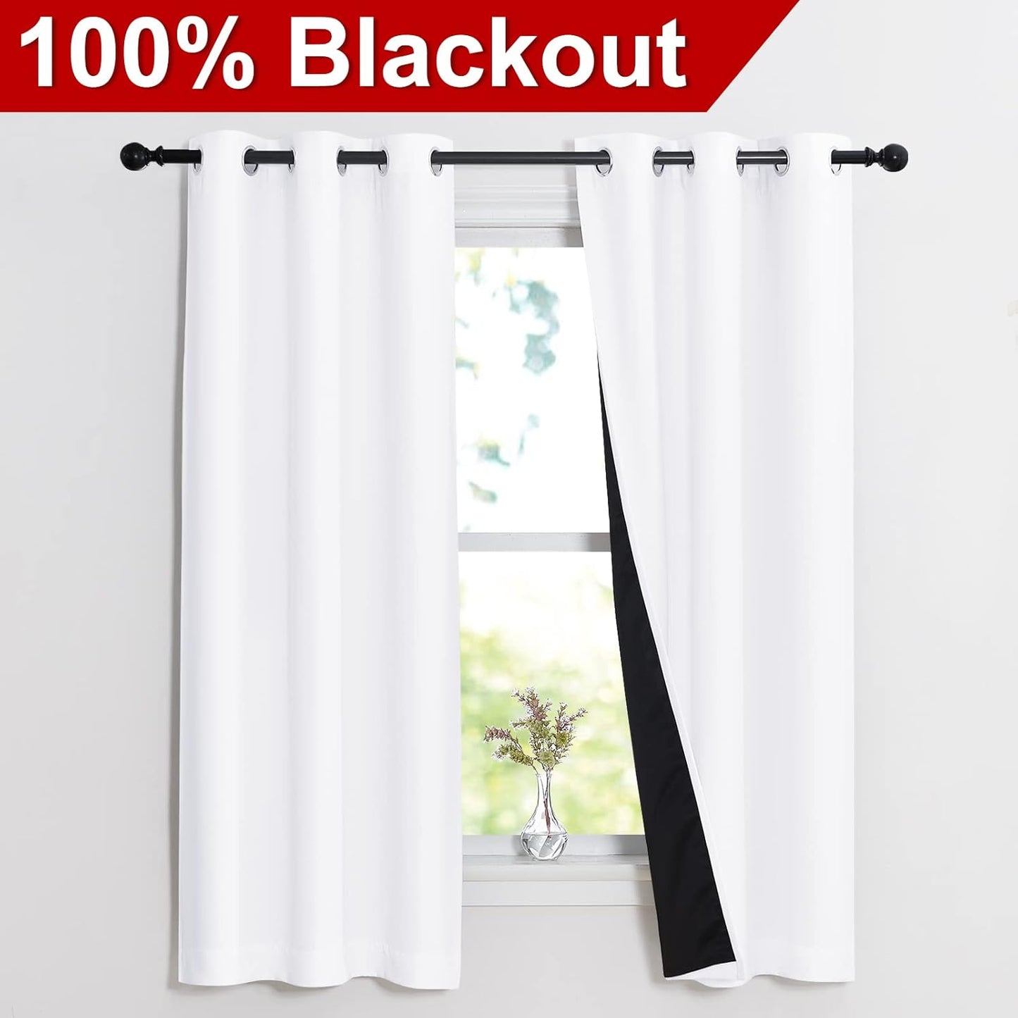 NICETOWN Pure White 100% Blackout Lined Curtains, 2 Thick Layers Narrow Wide Window Treatment Panels Thermal Insulated Drapes for Kitchen Small Window (1 Pair, 37" Width x 63" Length Each Panel)