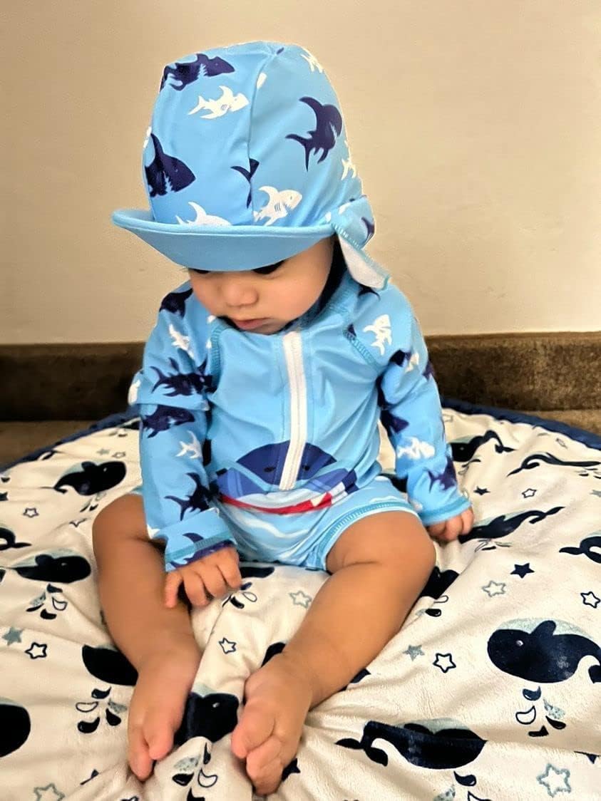 uideazone Baby Boys One Piece Swimsuit Long Sleeve UPF 50+ Rash Guard Bathing Suit Swimwear with Sun Hat 0-24 Months