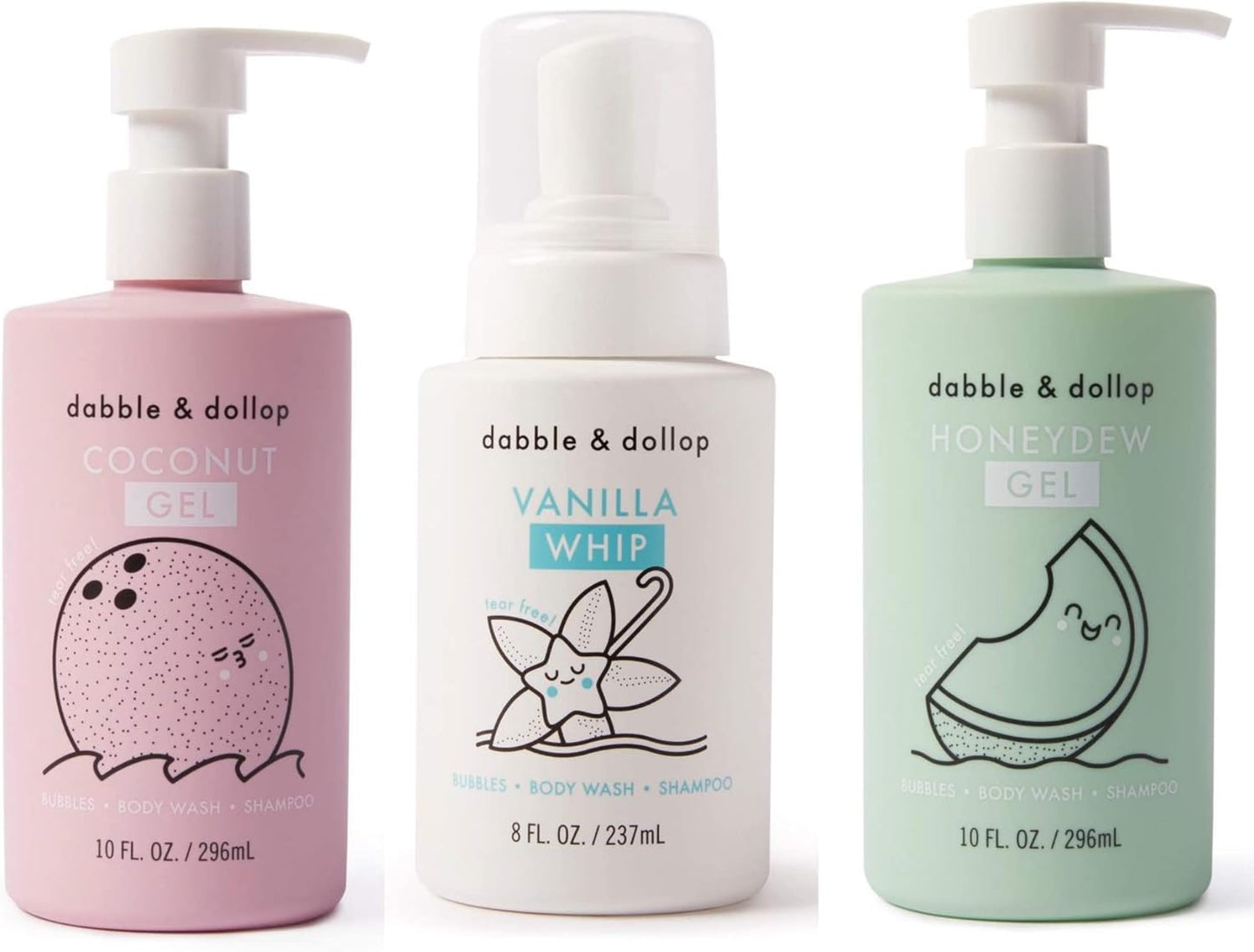 Dabble & Dollop Beachy Bundle, Natural Bubble Bath, Body Wash, Shampoo for Kids, USA-Made, Paraben & Sulfate Free, Vegan, Gluten-Free, Tear-Free, Honeydew Melon, Vanilla & Coconut (Set of 3)