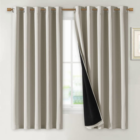 NICETOWN Natural 100% Blackout Lined Curtains, 2 Thick Layers Completely Blackout Window Treatment Thermal Insulated Drapes for Kitchen/Bedroom (1 Pair, 70 inches Width x 63 inches Length Each Panel)