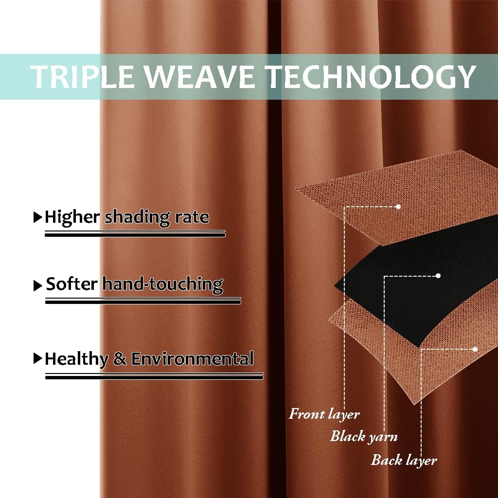 NICETOWN Burnt Orange 100% Blackout Lined Curtains, 2 Thick Layers Completely Blackout Window Treatment Thermal Insulated Drapes for Kitchen/Bedroom (1 Pair, 62" Width x 63" Length Each Panel)
