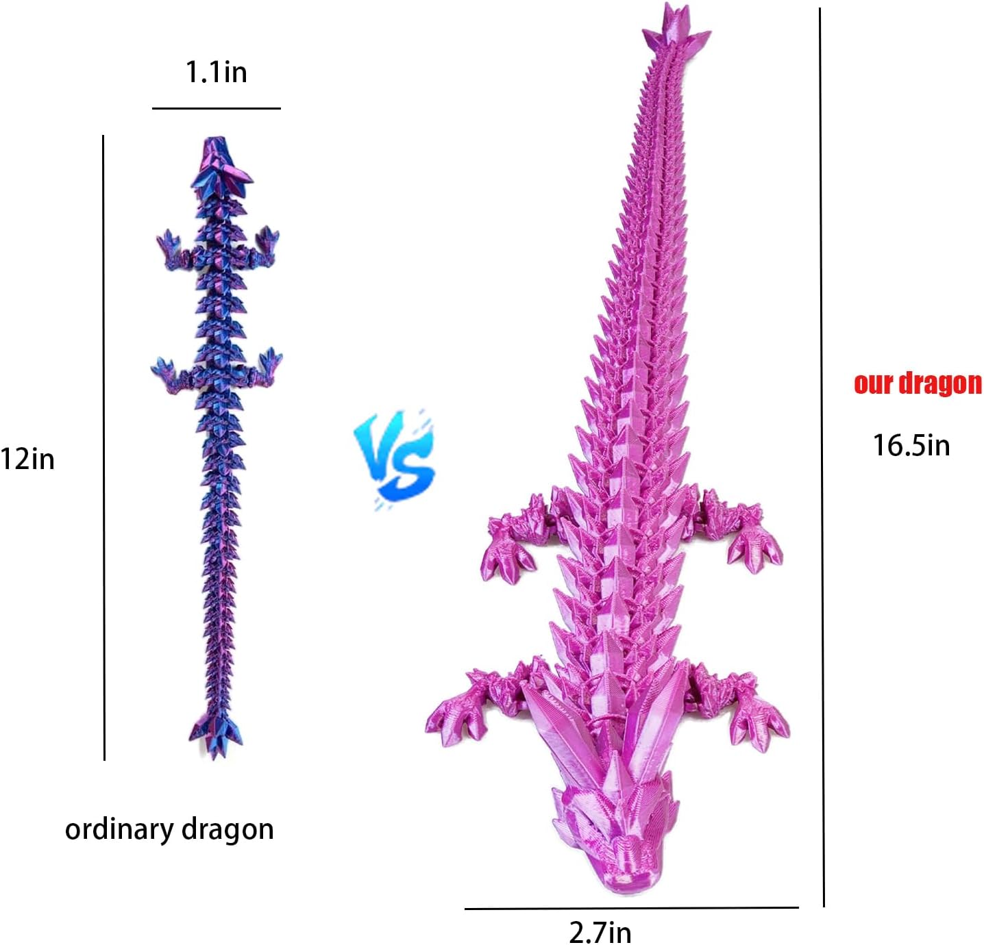 2PCS 16.5inches 3D Printed Dragon,Fidget Toy Dragon for Autism/ADHD, Executive Desk Toys,Home Office Decor (red/Purple)