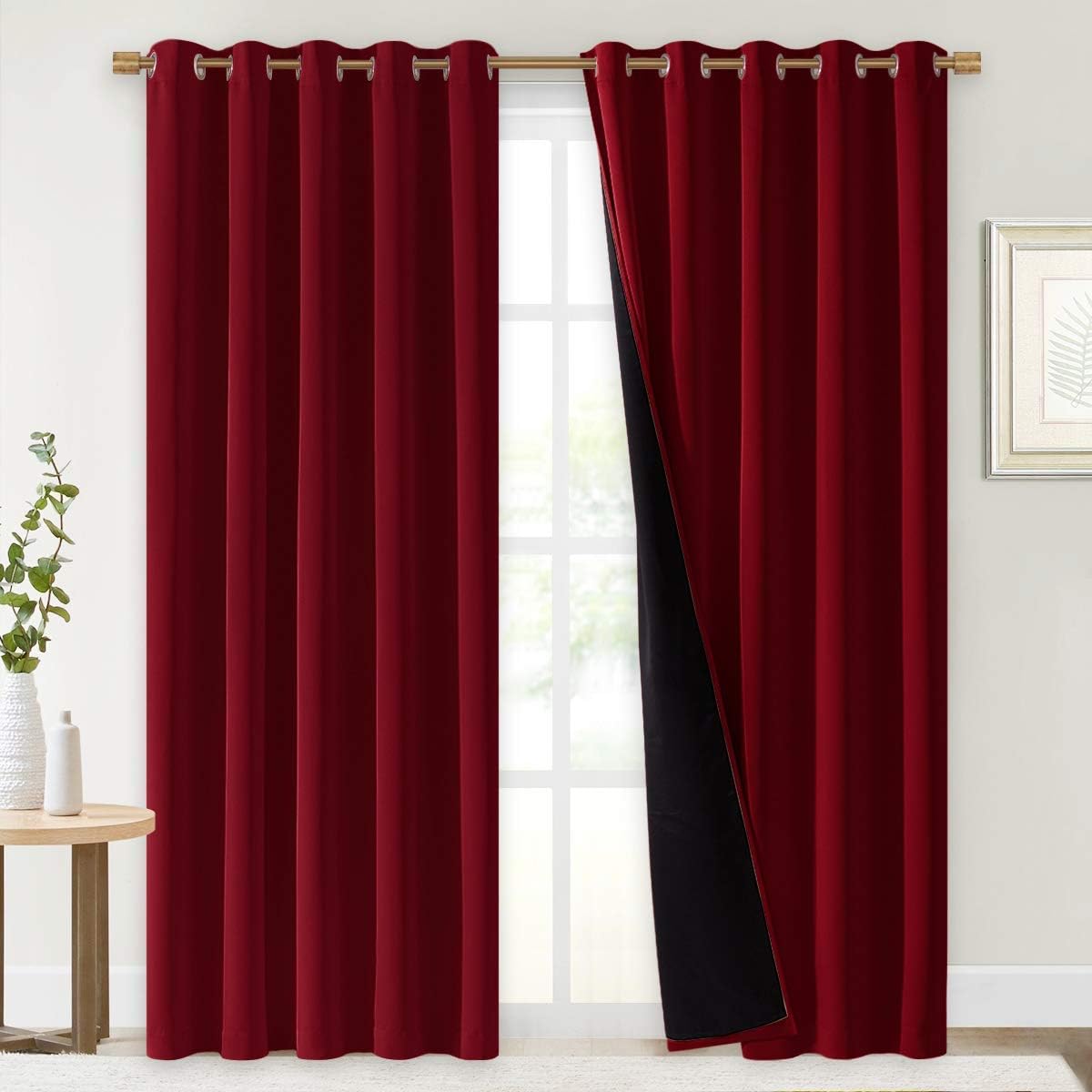 NICETOWN 100% Blackout Curtains with Black Liner Backing, Thermal Insulated Curtains for Living Room, Noise Reducing Drapes for Christmas, Burgundy Red, 70 inches x 84 inches Per Panel, Set of 2