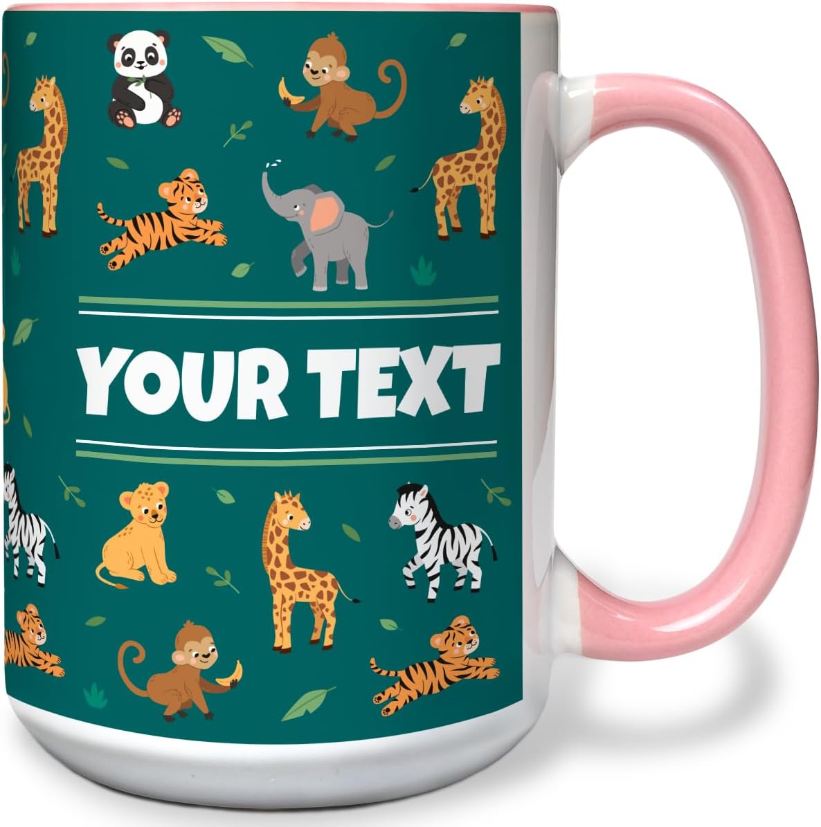Personalized Mug for Kids - Zoo Animals - Custom Name/Text, Ceramic Hot Chocolate/Cocoa/Coffee Cup for Boys/Girls, Birthday/Christmas/Holiday Gift - 15 oz, Pink Handle