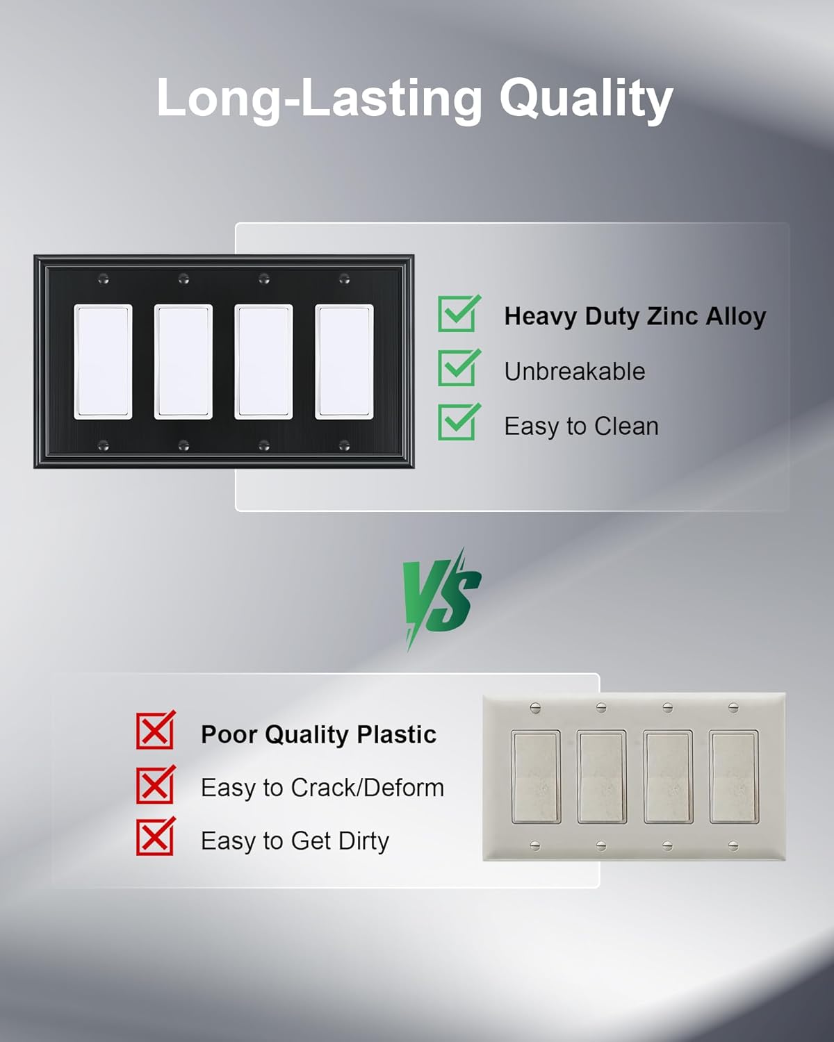 2-Pack Quad Decorator Outlet Cover Plate, Zinc Alloy Decorative Black Switch Plates and Outlet Covers, 4 Gang Wall Plates for Electrical Outlets, Receptacle, GFCI Outlet, Dimmer Switch