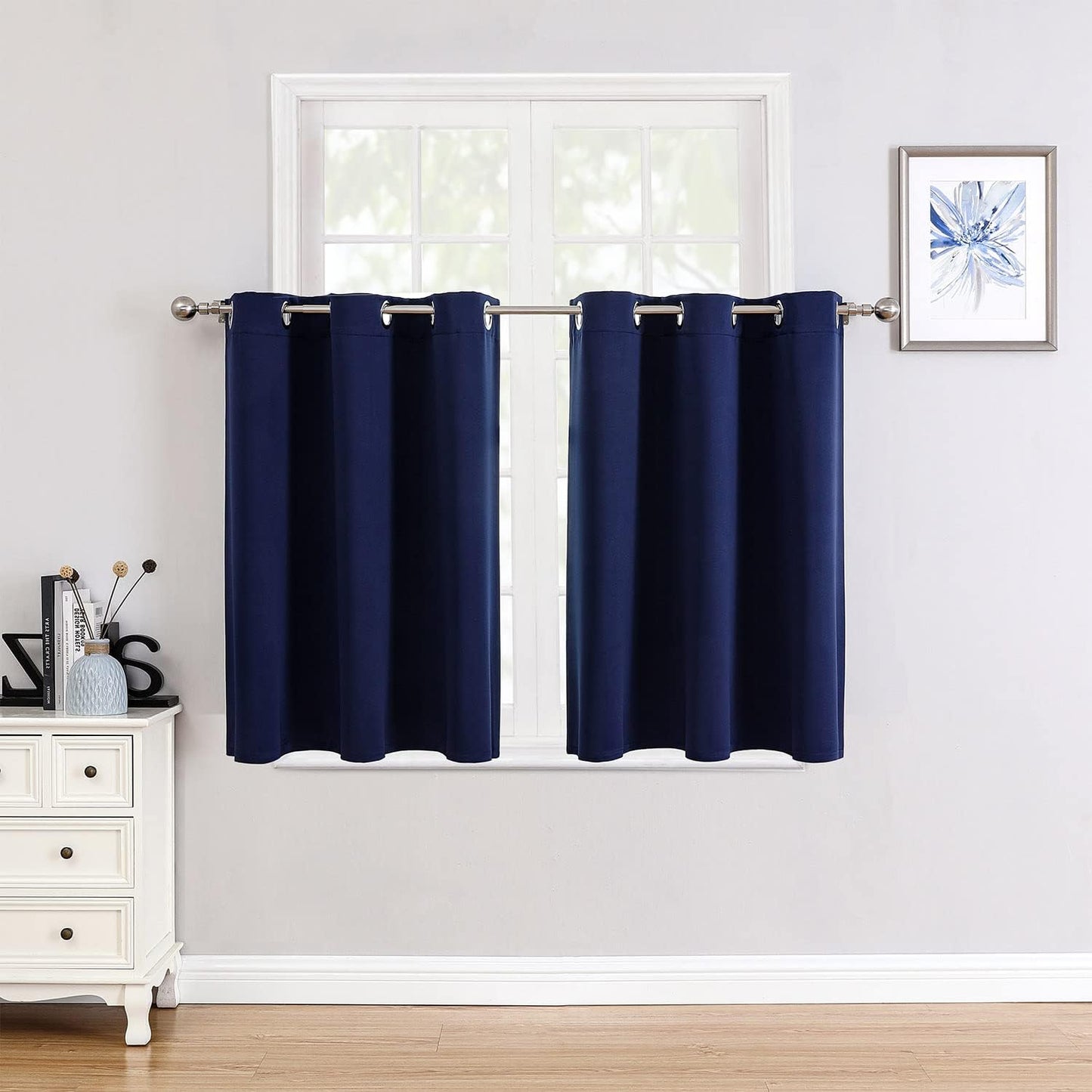 ChrisDowa Small Window Curtains for Kitchen and Bedroom - Grommet Short Thermal Insulated Room Darkening Curtains (2 Panels, Navy Blue, 42 x 36 Inch)