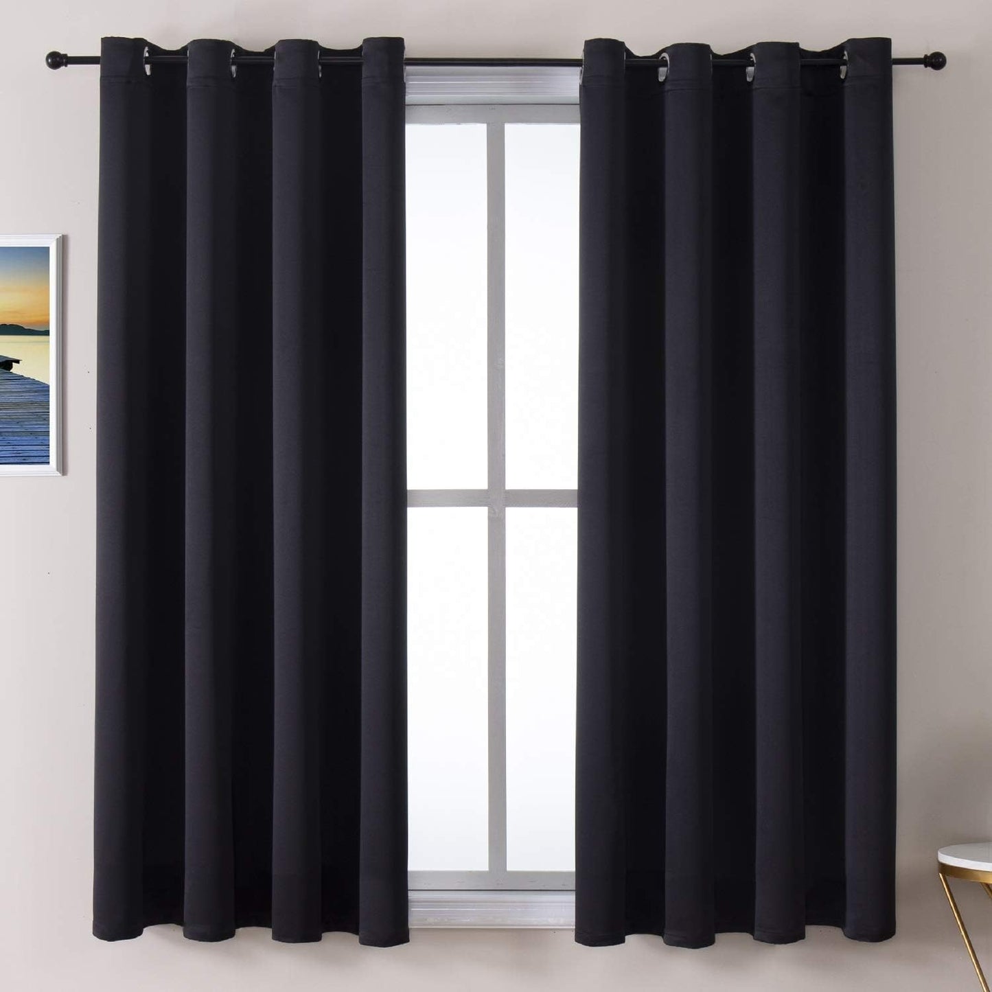 ChrisDowa Grommet Blackout Curtains for Bedroom and Living Room - 2 Panels Set Thermal Insulated Room Darkening Curtains (Black, 52 x 63 Inch)