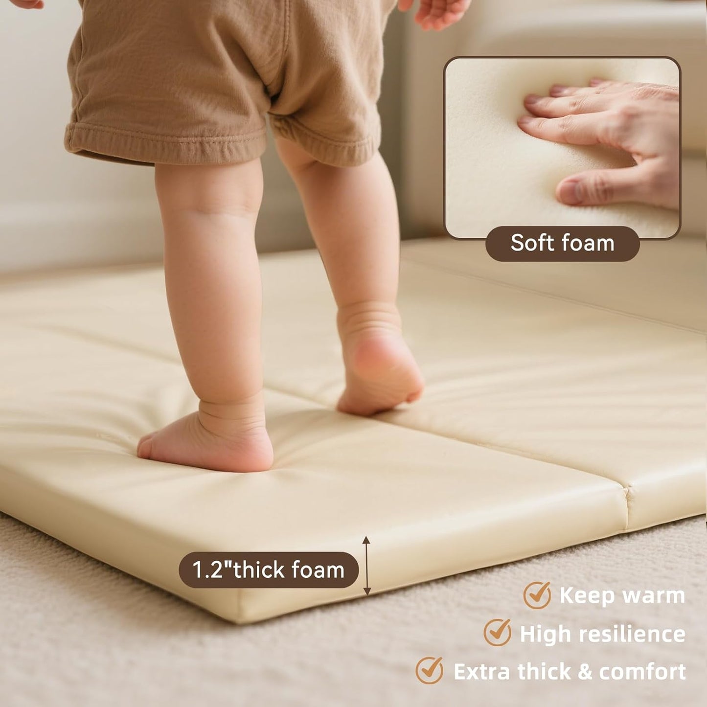Foam Baby Play Mat: PU Leather Waterproof Kids Playmat - Trifold Floor Mat - Large Play Mat for Playpen Thick Pad Fodable Mattress Soft Toddler Mattress Infant Cushion for Preschool (Beige)