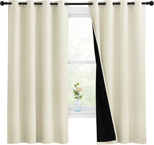 NICETOWN Warm Curtains for Winter, Bedroom Full Blackout Curtain Panels, Super Thick Insulated Window Covers, Complete Blackout Draperies with Black Liner (Beige, Set of 2, 55 by 68-inch)