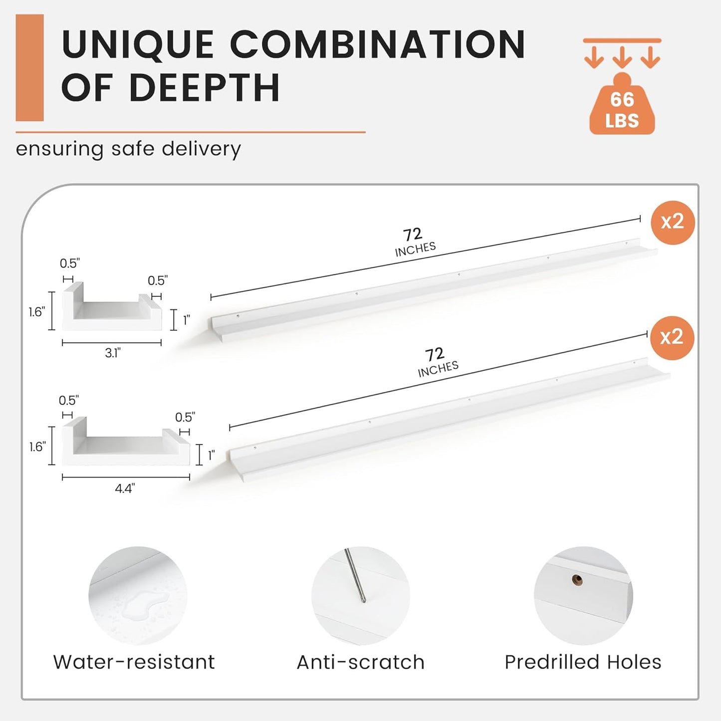 Floating Picture Ledge Shelves for Wall Set of 4, 72 Inch Wall Shelves with Lip Long Large Nursery Book Shelf for Toys Storage Kids Bookshelf Wall Mounted Living Room Bedroom Decor Frames