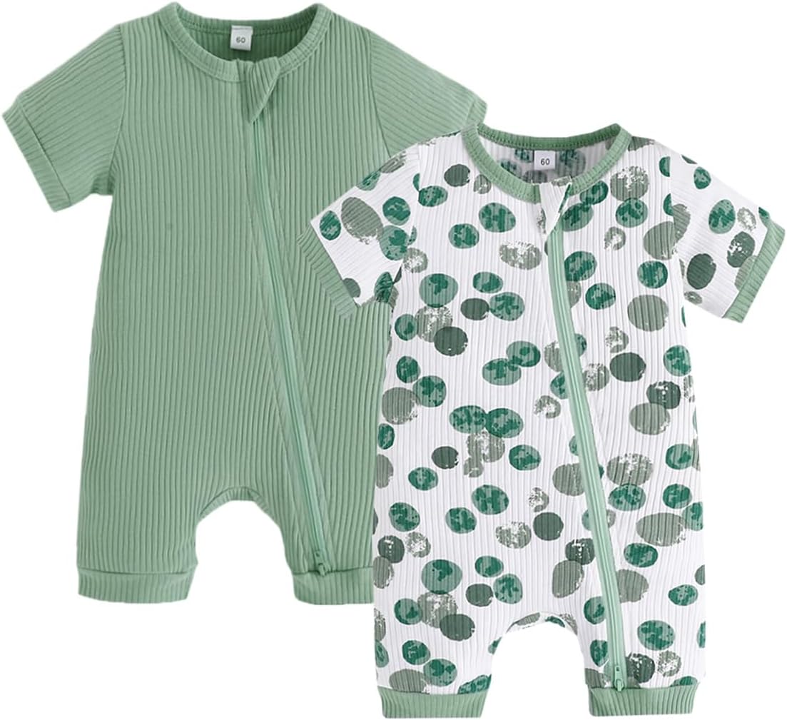 Bafeicao Unisex Baby Boy Girl 2 Pack Rompers Short Sleeve 2 Way Zipper One Piece Jumpsuits Clothes Sets