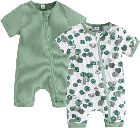 Bafeicao Unisex Baby Boy Girl 2 Pack Rompers Short Sleeve 2 Way Zipper One Piece Jumpsuits Clothes Sets
