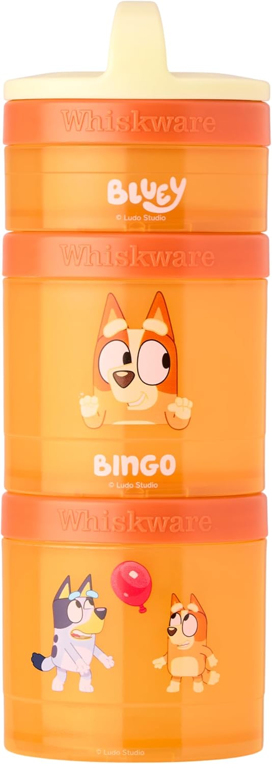 Whiskware Bluey Stackable Snack Containers for Kids and Toddlers, 3 Stackable Snack Cups for School and Travel, Bluey and Bingo, Hooray!