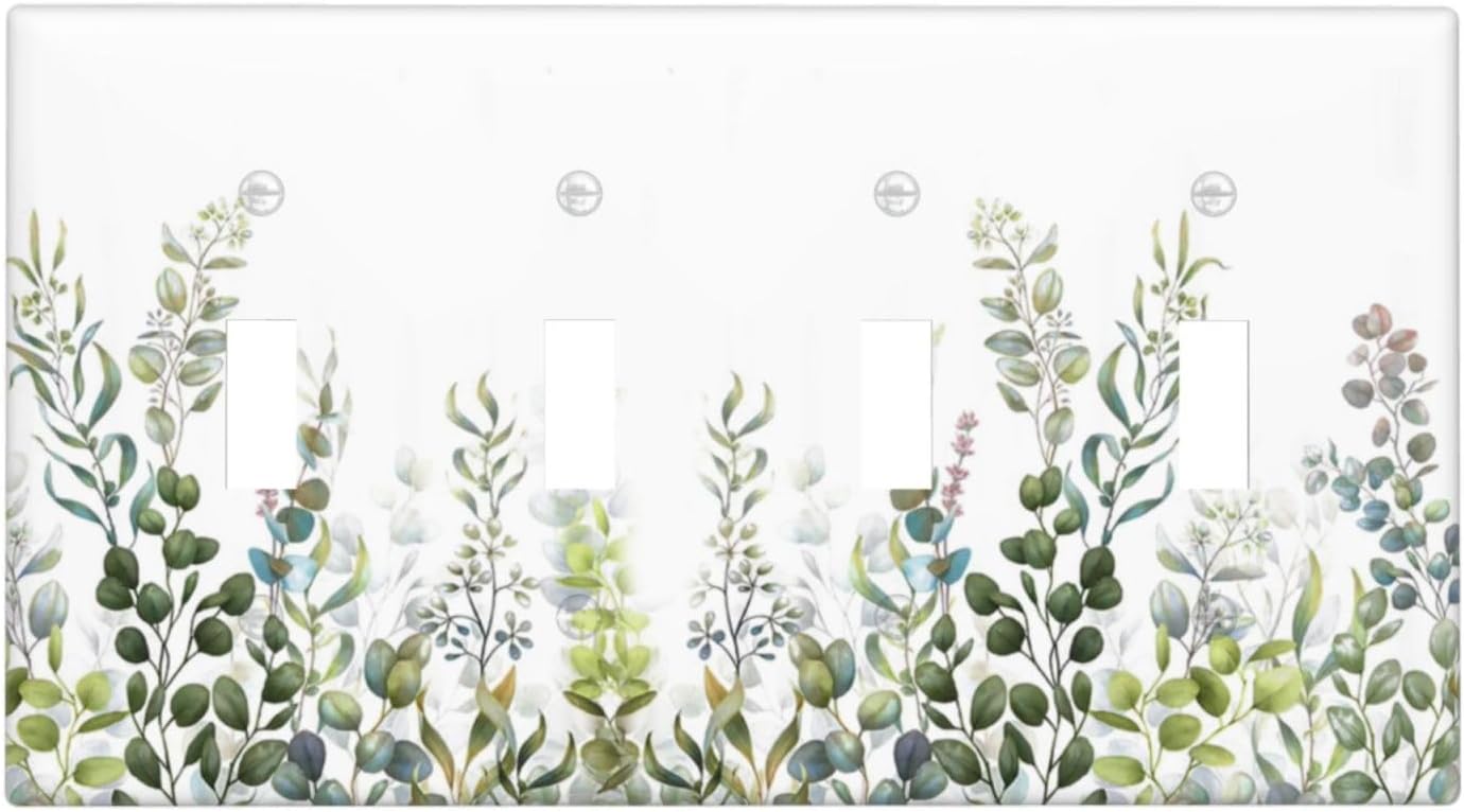 Green Eucalyptus Leaf Plant Herbs Springnature Light Switch Covers Quad Toggle Electrical Faceplate 4 Gang Wall Plate Decorative Switch Plates for Bed Room Living Room Decor