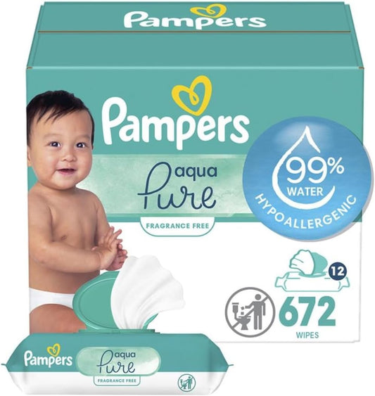 Pampers Baby Wipes Aqua Pure, 99% water-based wipes, Hypoallergenic and Unscented Baby Wipes, 672 Wipes Total (12 Flip-Top Packs)