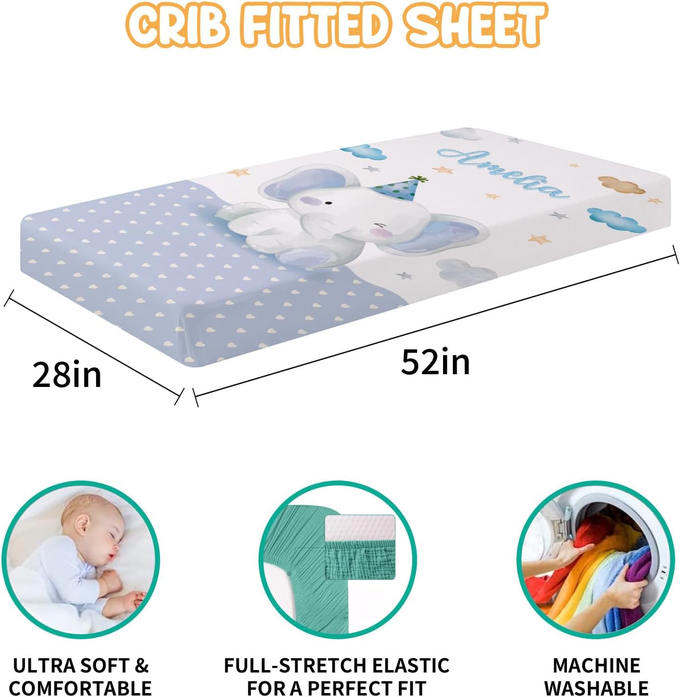Custom Crib Bedding Set - Elephant Design Personalized Name Baby Nursery Bed 3 Pcs Set - Chic Soft Blanket with Dotted Backing, Sheet, Pillowcase for Newborn Girls Boys Gifts Color18