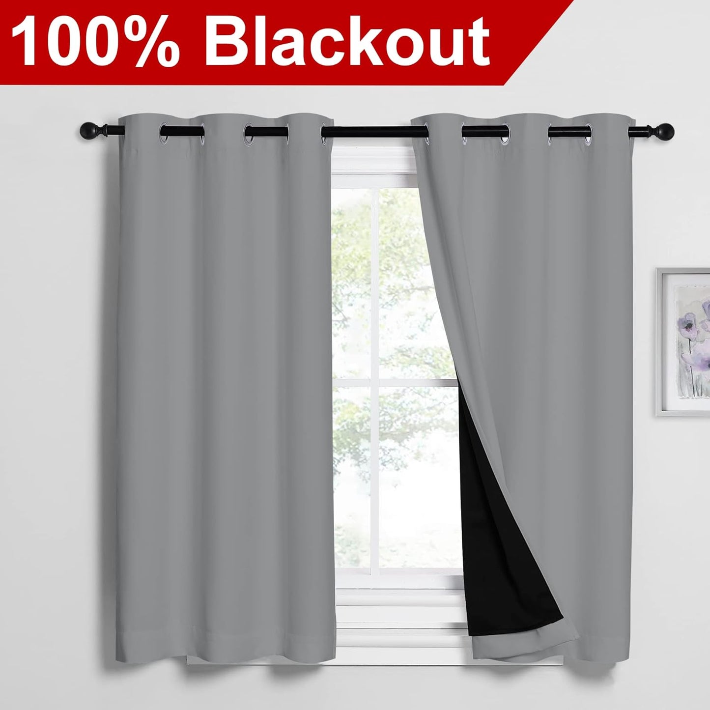 NICETOWN Silver Grey 100% Blackout Curtains 54 inches Long, Thermal Insulated Full Blackout 2-Layer Lined Drapes, Noise Cancellation Window Draperies for Dining Room (2 Panels, 42-inch W)