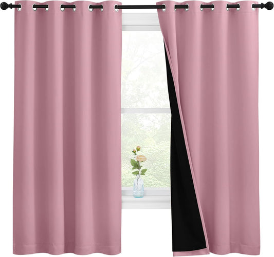 NICETOWN 100% Blackout Curtains with Black Liners, Thermal Insulated Full Blackout 2-Layer Lined Drapes, Energy Efficiency Window Draperies for Bedroom (Crystal Pink, 2 Panels, 55-inch W by 68-inch L)