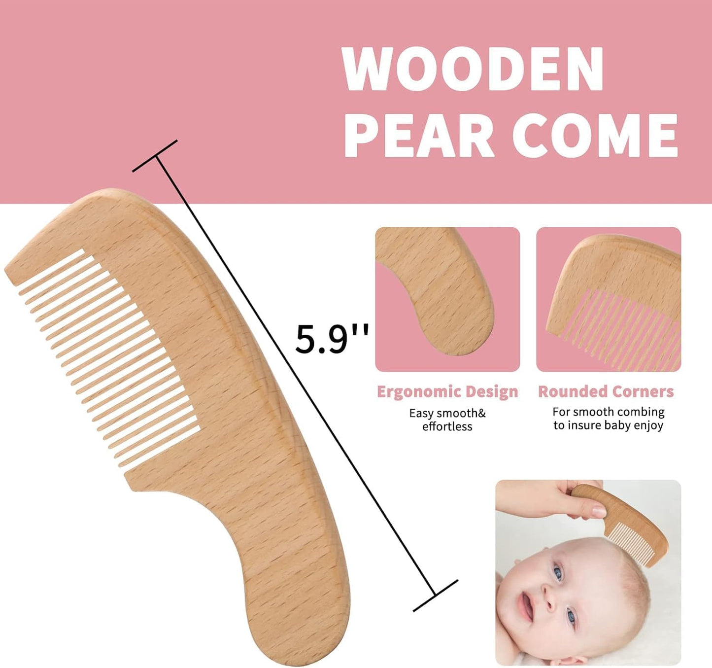 Goat Baby Hair Brush Set, Wooden Comb Massage Scalp Comb, Safe Natural Hair Care Kit, Soft Silicone Bath Brush for Newborns Toddlers (Brush Set+ Pink Massager)