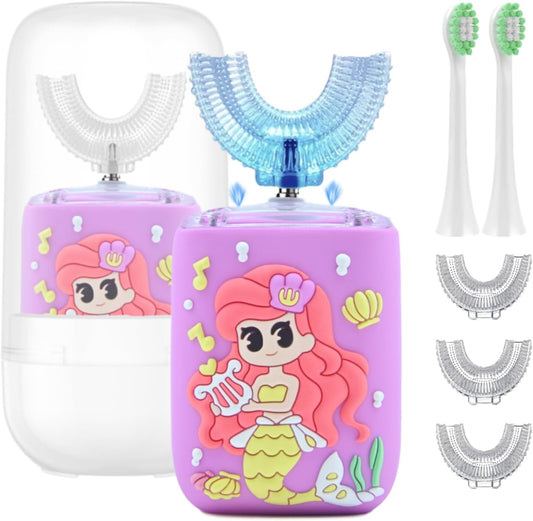 Kids Electric Toothbrush, U Shaped Toothbrush Kids Sonic Automatic Brush with Cup 5 Brush Head 6 Clean Modes IPX7 Waterproof Mermaid Design Rechargeable Smart Timer for Children 8-14