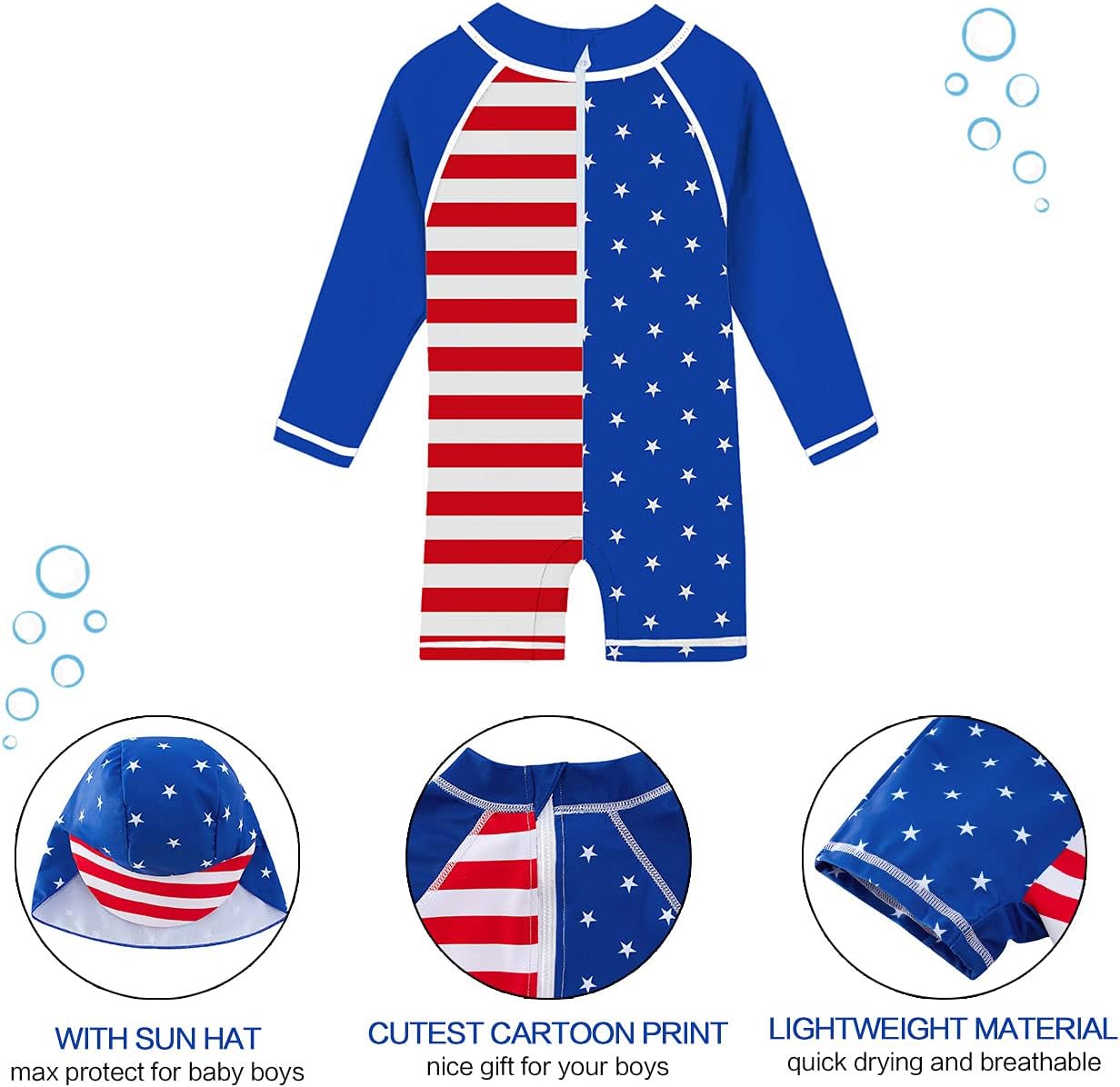 uideazone Baby Boys One Piece Swimsuit Long Sleeve UPF 50+ Rash Guard Bathing Suit Swimwear with Sun Hat 0-24 Months