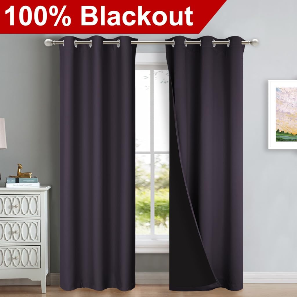 NICETOWN Blackout Curtains 80 inches Long, 2 Pieces, 42" Wide Each Panel, Greyish Purple, Full Light Blocking Drapes with Black Liner for Nursery, Thermal Insulated Draperies for Hall, Villa